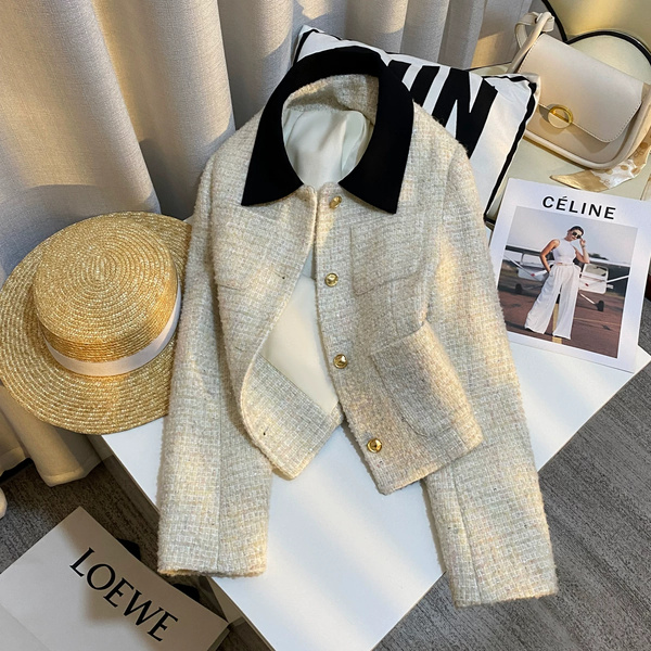 Áo khoác dạ tweed nữ thanh lịch, phong cách Hàn Quốc