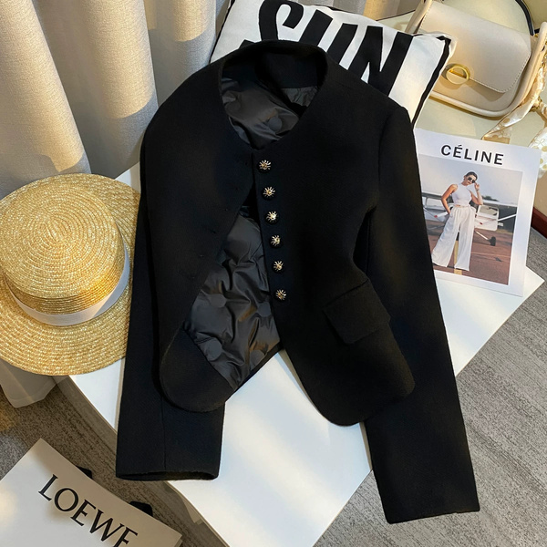 Áo khoác dạ ngắn nữ lót lông vịt trắng 90% màu đen