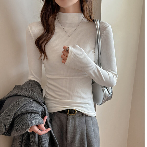 Áo nữ cổ lọ nửa cao tay dài gân co giãn mặc trong thu đông