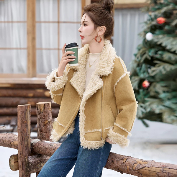 Áo khoác da lộn giả lông cừu liền da nữ dày dặn mùa đông