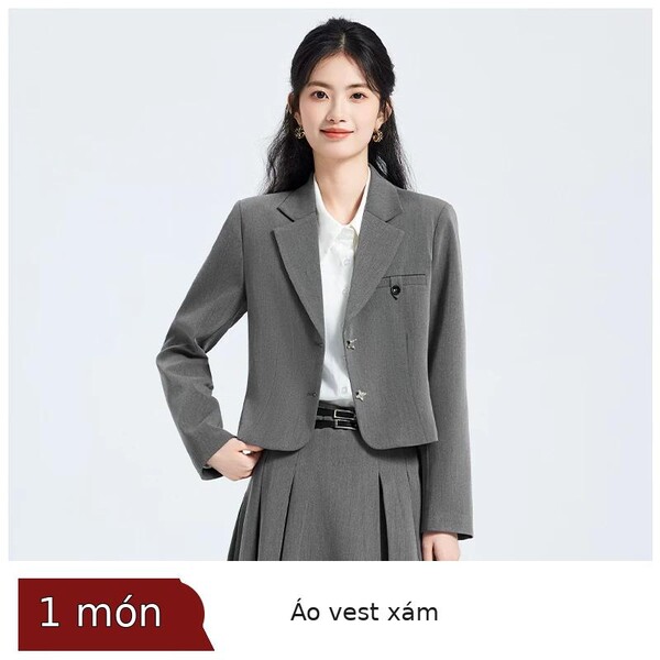 Bộ vest nữ màu xám dáng ngắn cho người nhỏ nhắn, mặc xuân...