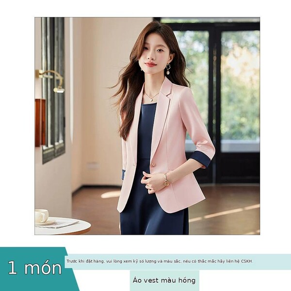 Bộ 2 món áo blazer nữ màu hồng tay lửng và váy liền mặc trong,...