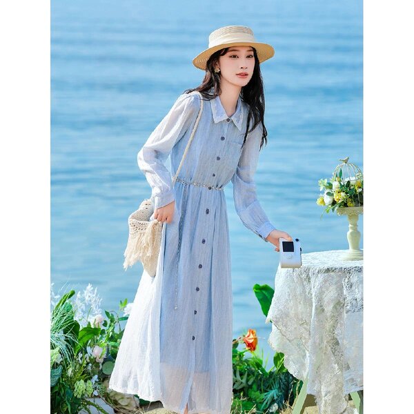 Váy dài xanh cổ bẻ phong cách học viện, chiết eo ngọt ngào...