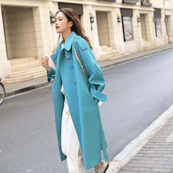 Áo khoác trench nữ màu xanh dáng lửng thanh lịch thời trang thu