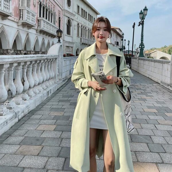 Áo khoác măng tô nữ màu xanh lá dáng dài phong cách Pháp xuân thu