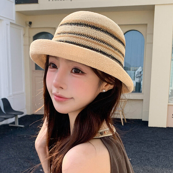 Mũ bucket dệt kim sọc vintage Hàn Quốc, thoáng khí che nắng