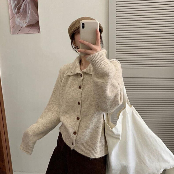 Áo khoác cardigan len nữ cổ cao, một hàng khuy
