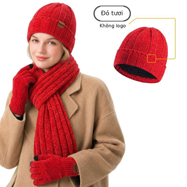 Bộ 3 món mũ len dệt kim, khăn quàng và găng tay unisex dày giữ...