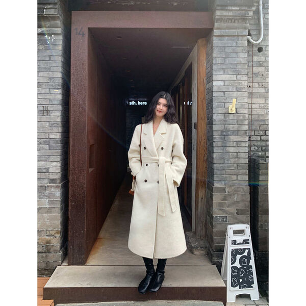 Áo khoác dạ lông cừu nữ dáng dài thiết kế thắt đai eo tôn...
