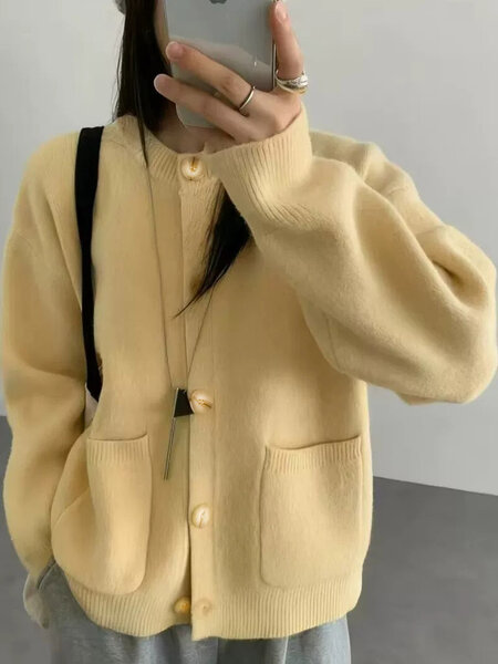 Áo cardigan len dệt kim nữ có túi, mềm mại, mặc xuân thu đông
