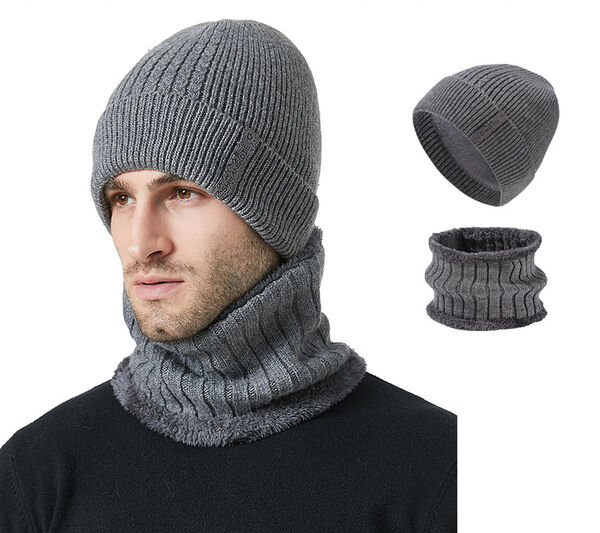 Bộ mũ len và khăn cổ nam dày dặn, lót nỉ giữ ấm, che tai,...