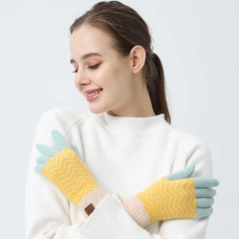 Găng tay len dệt kim nữ phối màu