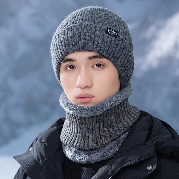 Mũ len nam mùa đông giữ ấm, chống gió, kèm khăn cổ có lót...