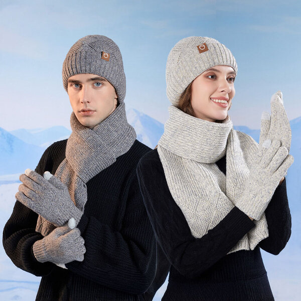 Bộ 3 món gồm mũ len lót lông, găng tay và khăn quàng cổ chống...