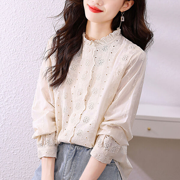 Áo sơ mi nữ tay dài cổ ren thêu