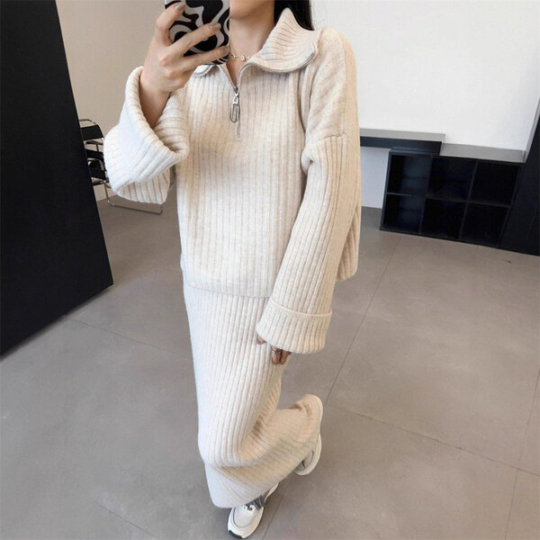 Bộ len nữ 2 món: áo len cổ bẻ nửa khóa kéo, chân váy len dáng...