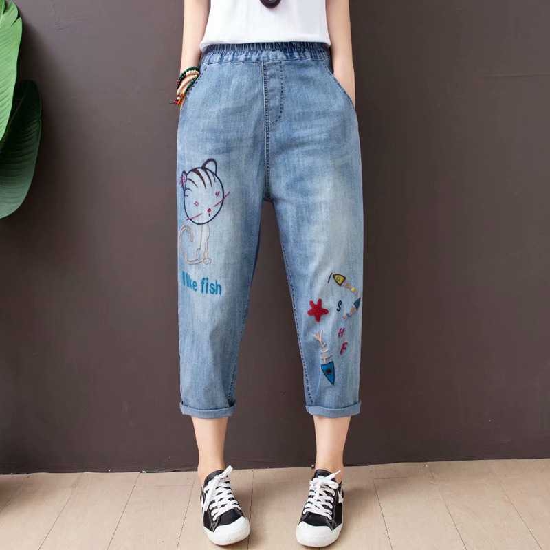 Quần baggy jean nữ thêu hình chú mèo thèm cá