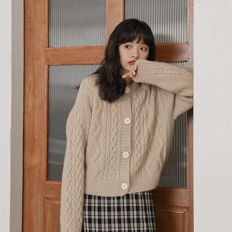 Áo len cardigan nữ dệt kim cổ tròn