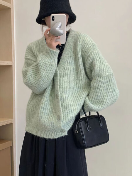 Áo len cardigan nữ dáng rộng cổ chữ V, phong cách Hàn Quốc