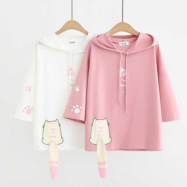 Áo hoodie nữ tay ngắn đuôi mèo