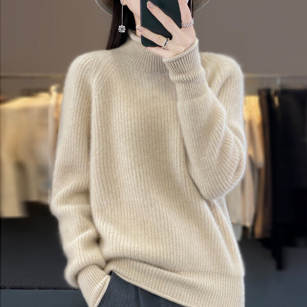 Áo len cổ lọ nữ dệt kim màu trơn mùa thu đông