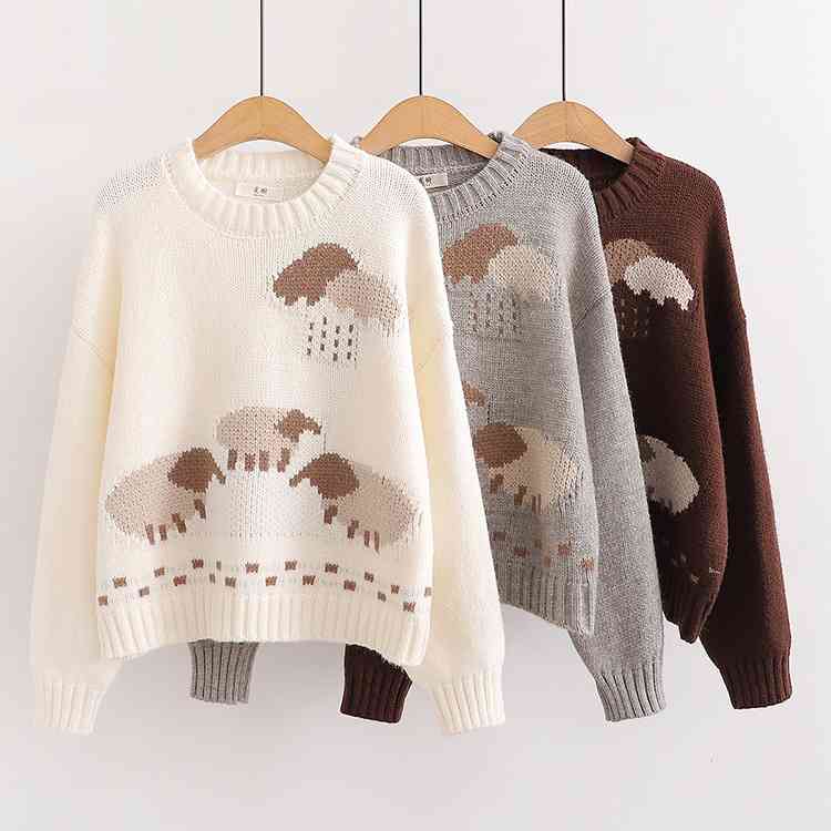 Áo len nữ cổ tròn họa tiết hoạt hình ngọt ngào