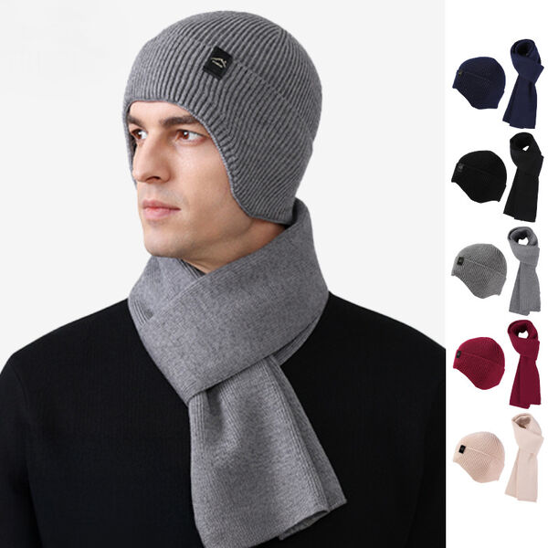 Bộ mũ len và khăn cổ nam giữ ấm, che tai, dùng cho hoạt động...