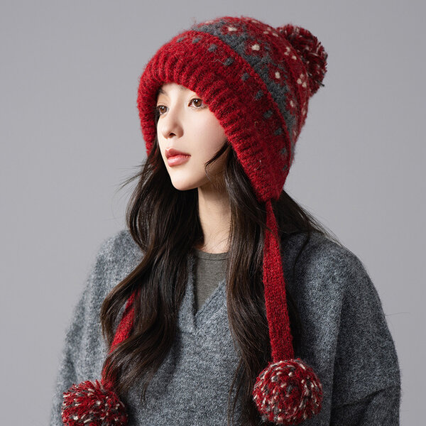 Mũ len nữ họa tiết dệt nổi, có quả bông lớn, dày dặn...