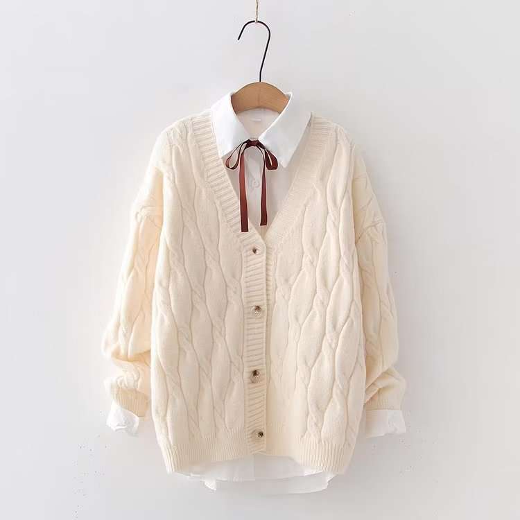 Áo len cardigan cổ chữ V họa tiết xoắn vừa  