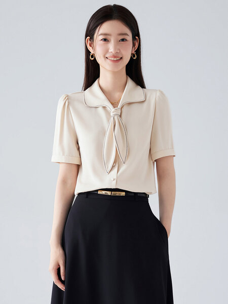 Áo sơ mi nữ tay ngắn đính nơ, phối theo set