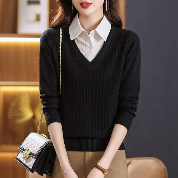 Áo len hai lớp nữ cổ sơ mi