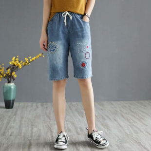 Quần short jean nữ thêu họa tiết