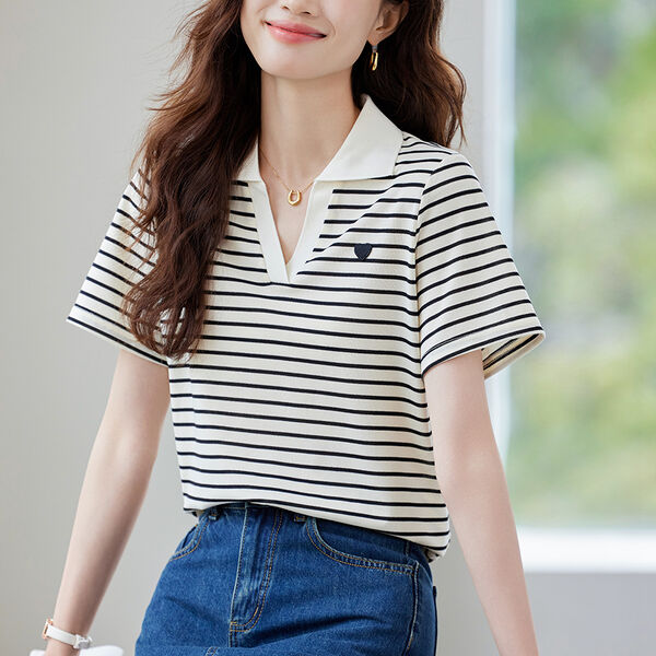 Áo thun nữ tay ngắn cổ polo sọc phối màu