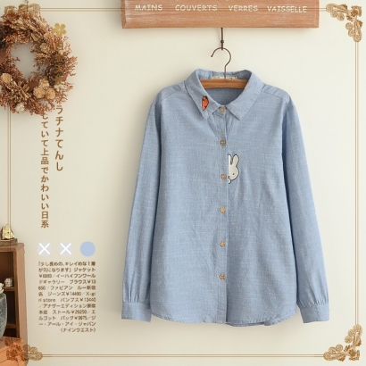 Áo sơ mi dài tay thêu chú thỏ lấp ló