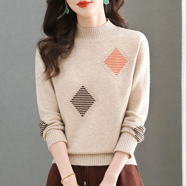 Áo len nữ cổ cao họa tiết hình thoi dệt kim