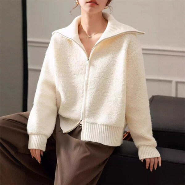 Áo khoác len nữ kiểu Hàn, có cổ bẻ và khóa kéo