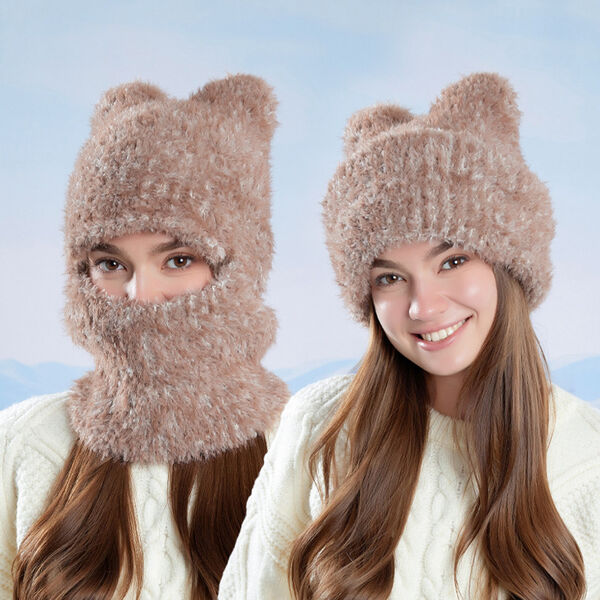 Mũ len nữ liền khăn và mặt nạ, giữ ấm, che tai mùa đông