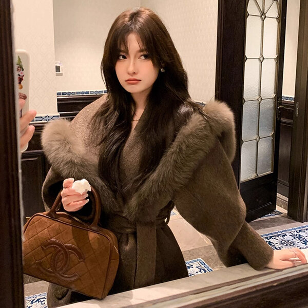 Áo khoác dạ len hai mặt, cổ lông cáo dành cho nữ giữ ấm mùa...