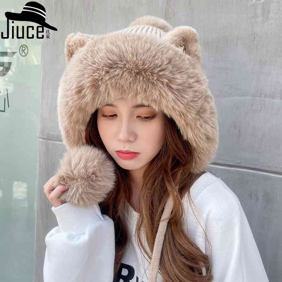 Mũ len nữ dệt kim tai mèo có bóng lông đáng yêu 