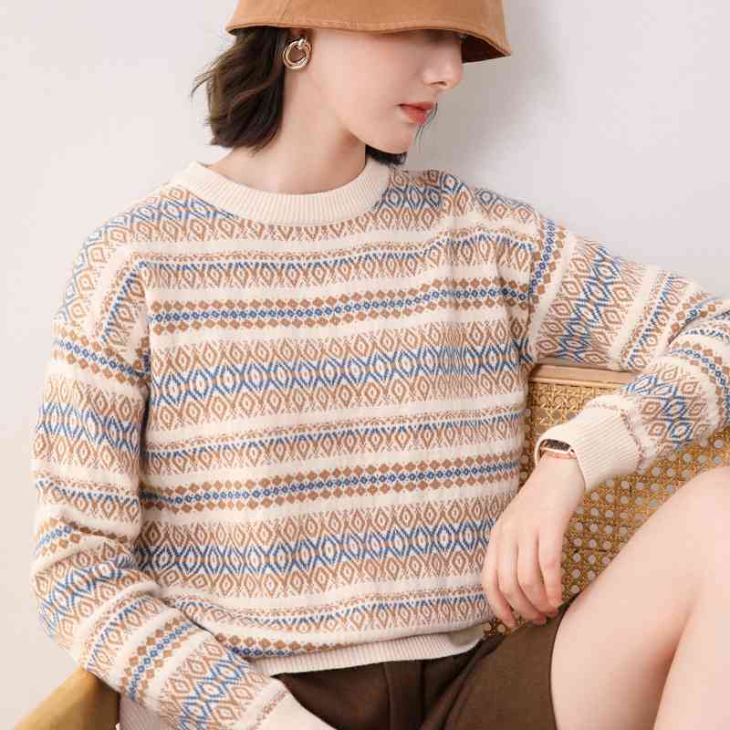 Áo len nữ dệt kim cổ tròn phong cách retro