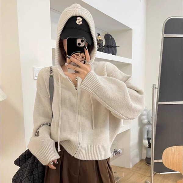 Áo khoác len cardigan nữ thiết kế có mũ khóa kéo
