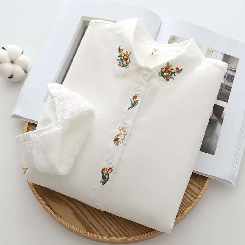 Áo sơ mi lót nhung họa tiết hoạt hình, lá hoa