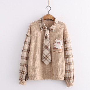 Áo len nữ cổ và tay phối sơ mi đính cavat