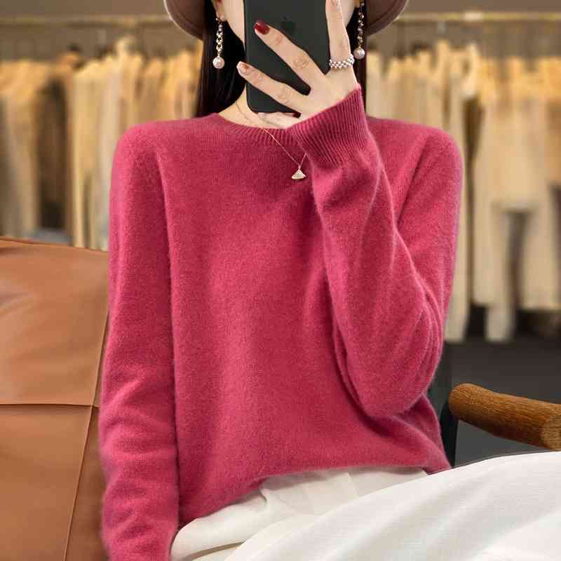 Áo len nữ dệt kim cổ tròn màu trơn ấm áp