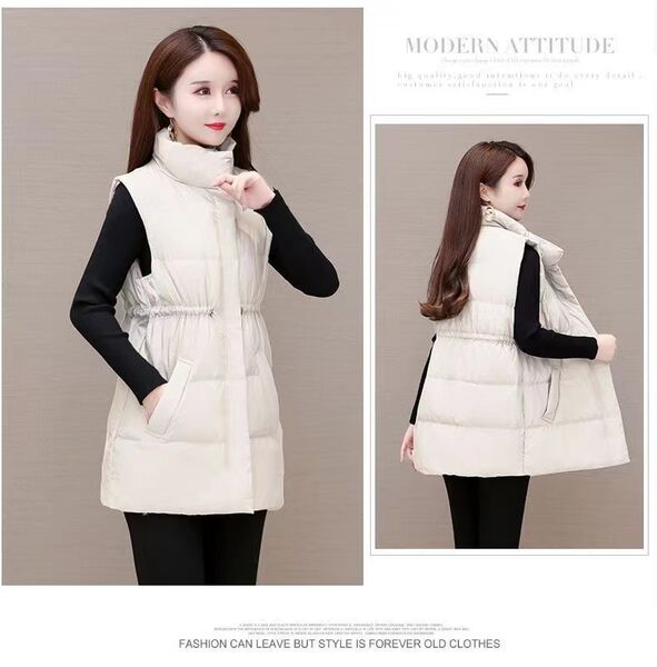 Áo khoác phao gile nữ dáng dài cổ lật