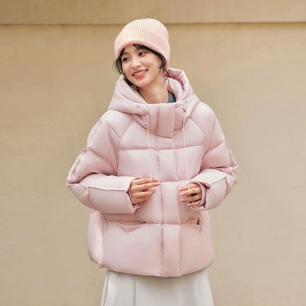 Áo khoác lông vũ nữ dáng phồng nhẹ có mũ giữ ấm thu đông