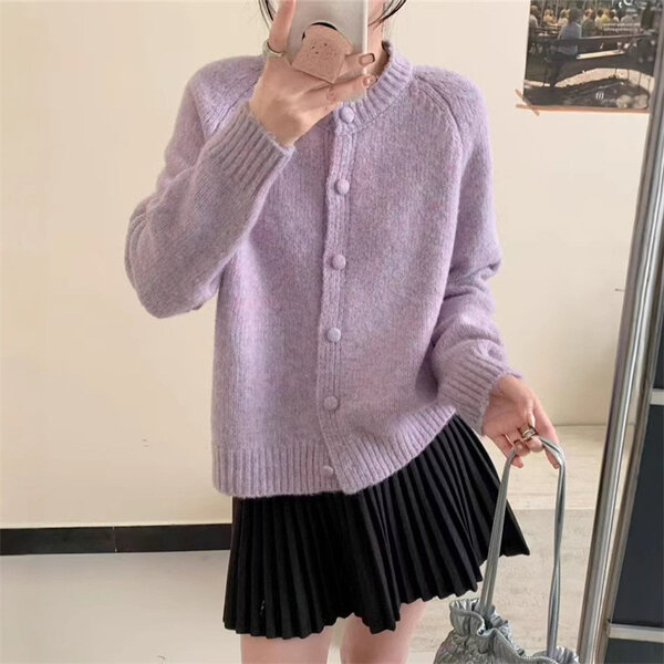 Áo len cardigan dệt kim cổ tròn