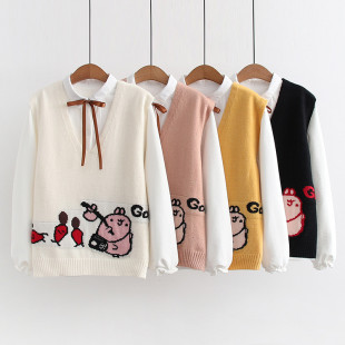 Set áo len gile nữ họa tiết hoạt hình + áo sơ mi đính nơ lót...