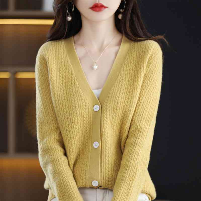 Áo len cardigan cổ chữ V mũi bính sọc dọc 