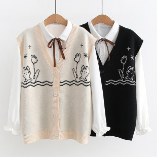 Set áo len gile nữ + áo sơ mi đính nơ